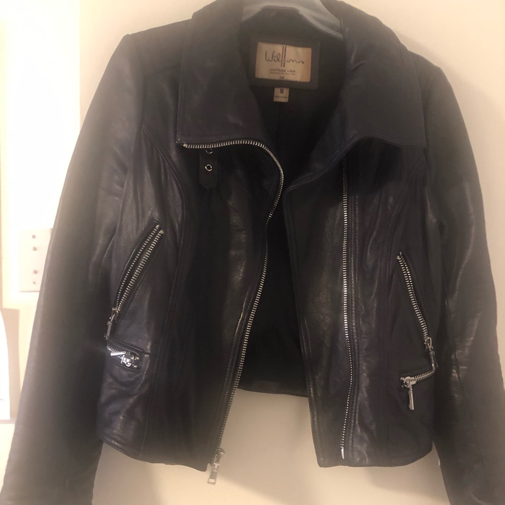 Navy Blue Leather motorcycle jacket